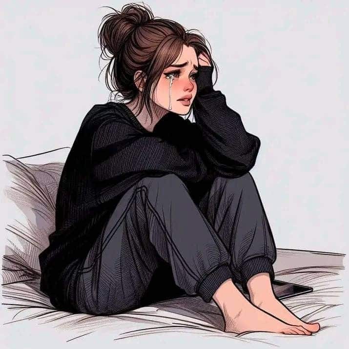 Illustrated woman sitting, crying in gray pants and black sweater, conveying sadness and emotion on a white background.