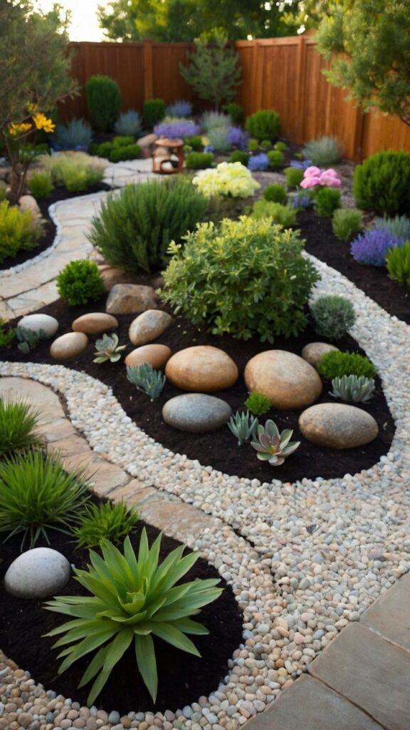 Modern zen garden with stone paths, lush greenery, and vibrant plants for a tranquil outdoor setting.