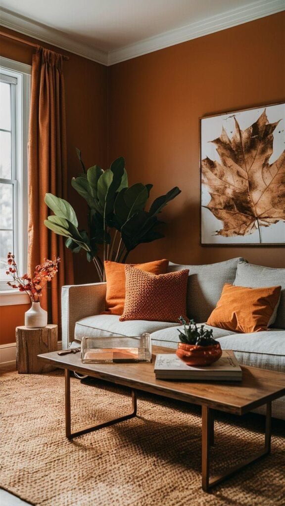 Cozy living room with orange accents, sofa, leaf artwork, and plants creating a warm, inviting autumn vibe.