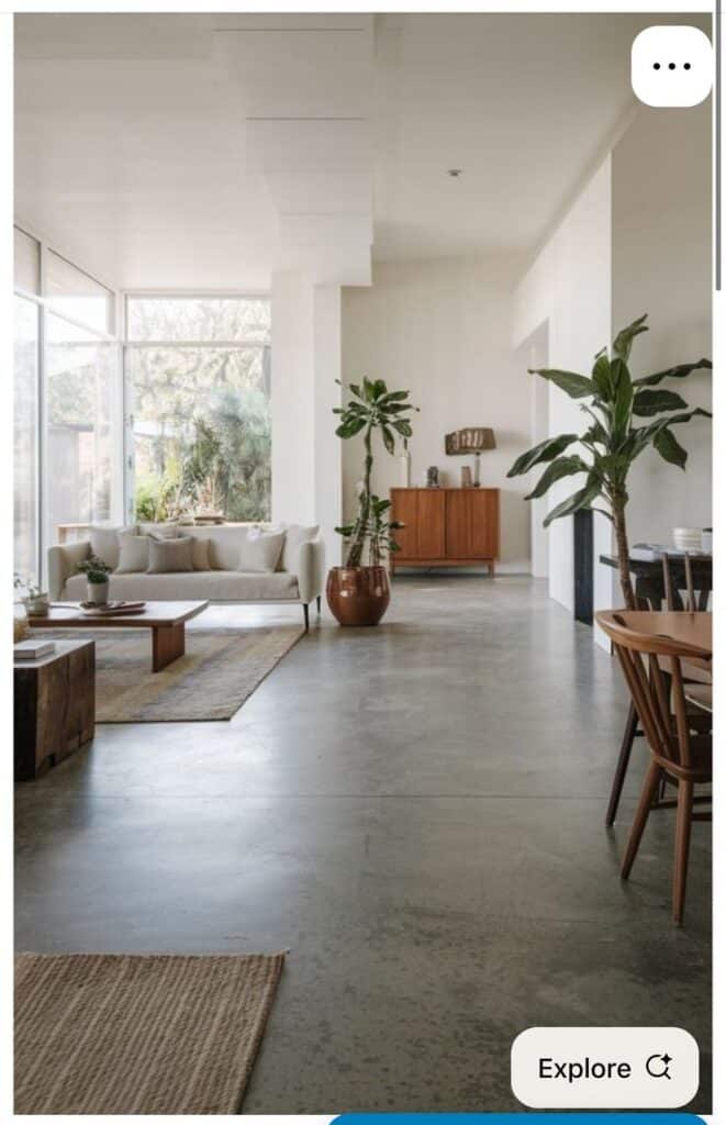 Modern living room with large windows, green plants, and neutral decor. Cozy, minimalist, and light-filled space.