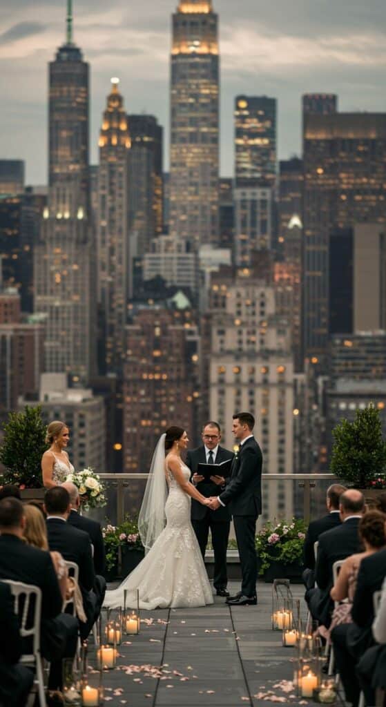 Bride and groom exchanging vows on a rooftop with city skyline backdrop at sunset.