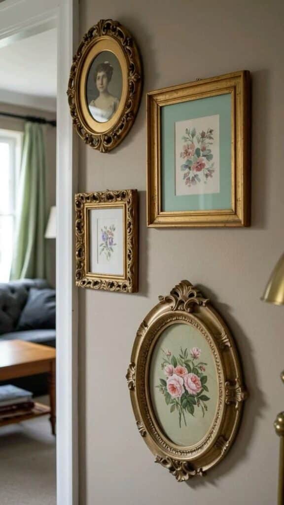 Vintage framed artwork and portraits adorn a classic, cozy living room wall.