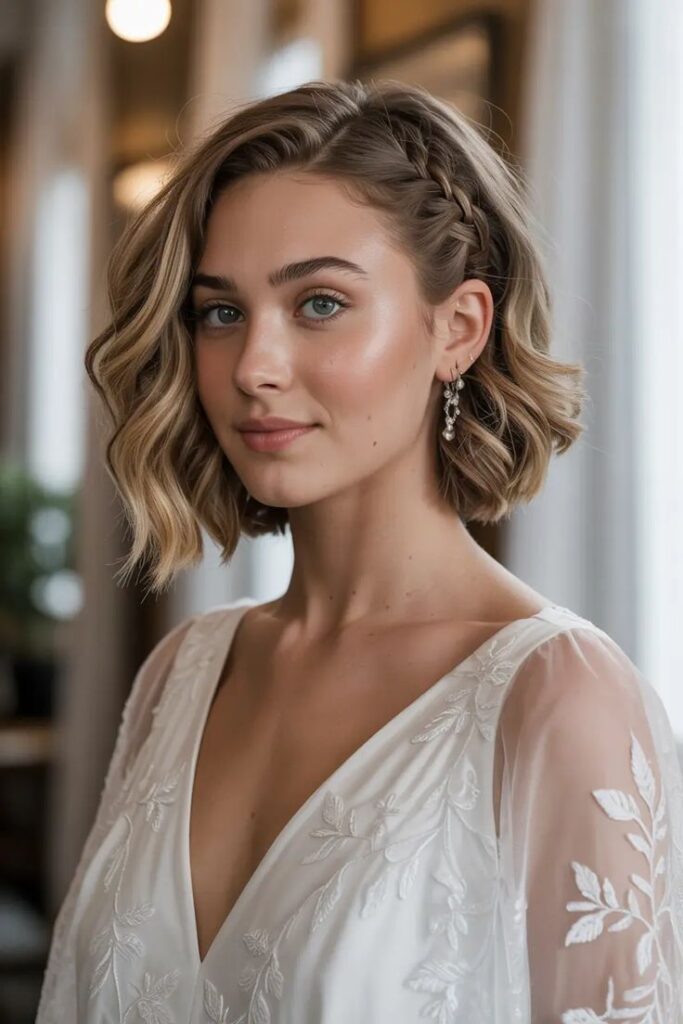 Woman with short, wavy hair and braid in elegant white dress, showcasing stylish bridal fashion.