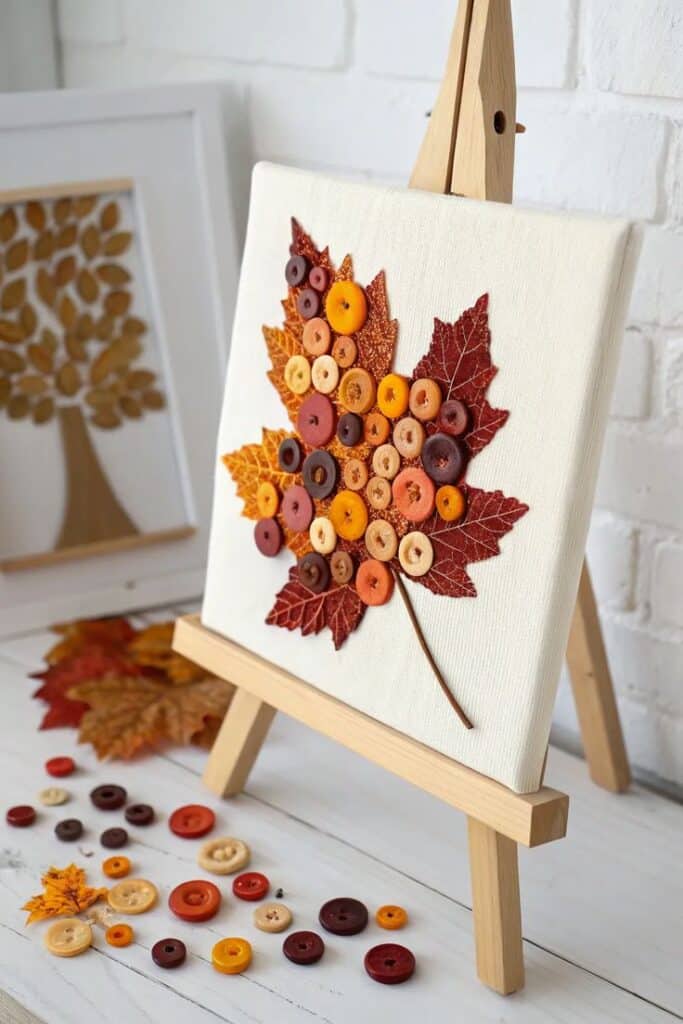 Fall-themed canvas art with buttons and leaves on an easel, showcasing creative autumn decoration.