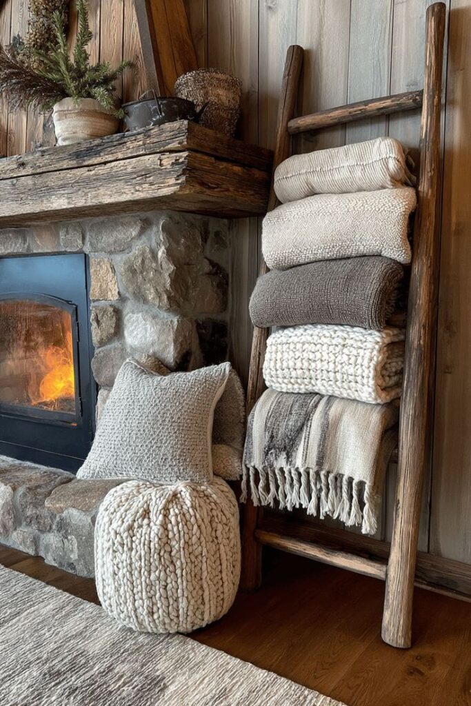 Cozy rustic fireplace setup with folded blankets on ladder and knitted decor. Warm, inviting home interior.