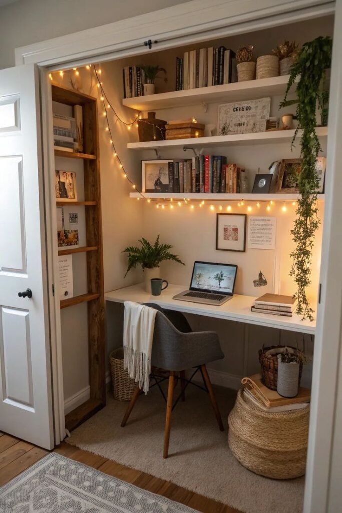 Cozy home office nook with laptop, books, plants, and fairy lights, perfect for a comfortable and inspiring workspace.