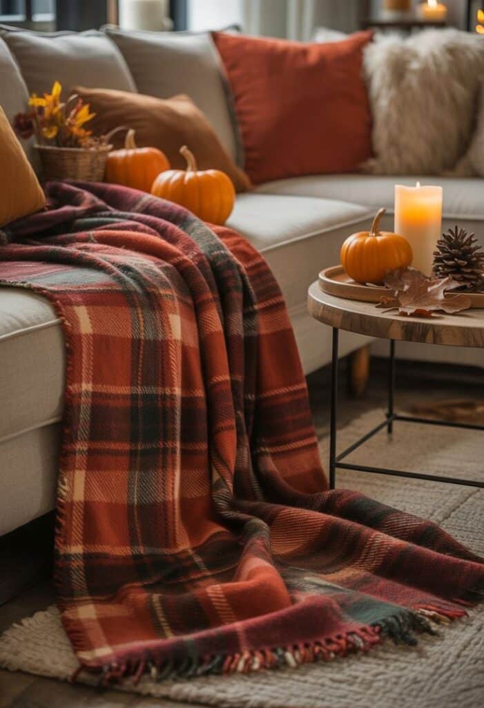 Cozy autumn living room with plaid blanket, pumpkins, and candles on a sofa, creating a warm seasonal ambiance.