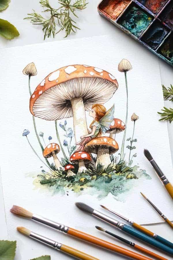 Watercolor painting of a fairy sitting on mushrooms, surrounded by plants and paintbrushes.
