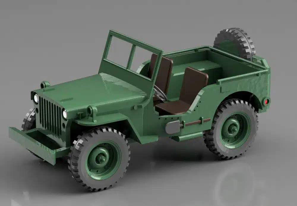 Green vintage military jeep model with open-top design, captured on a gray background.