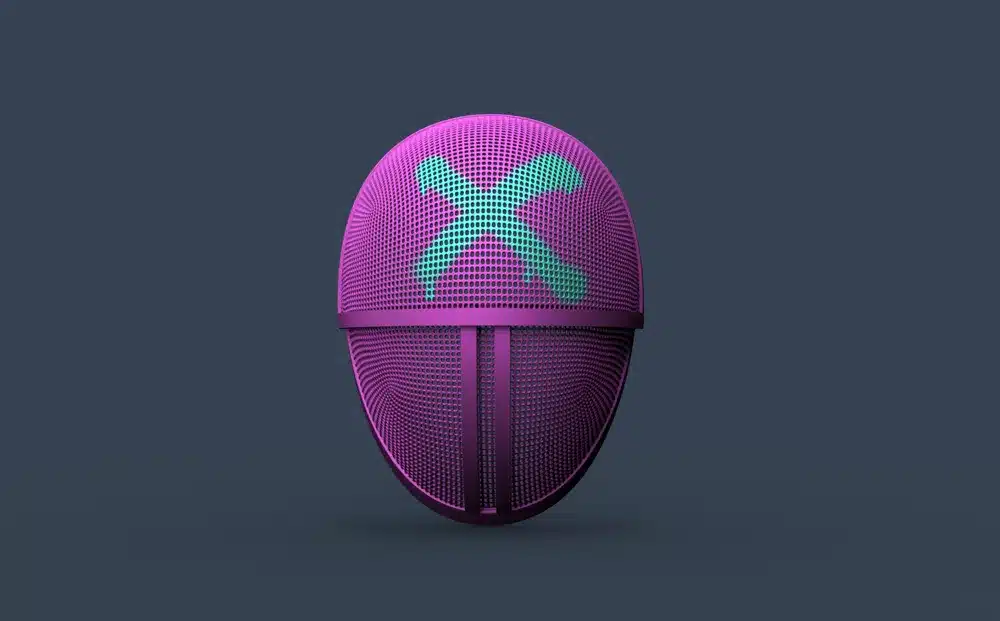 Futuristic purple helmet with green X design on dark background, symbolizing technology and innovation.