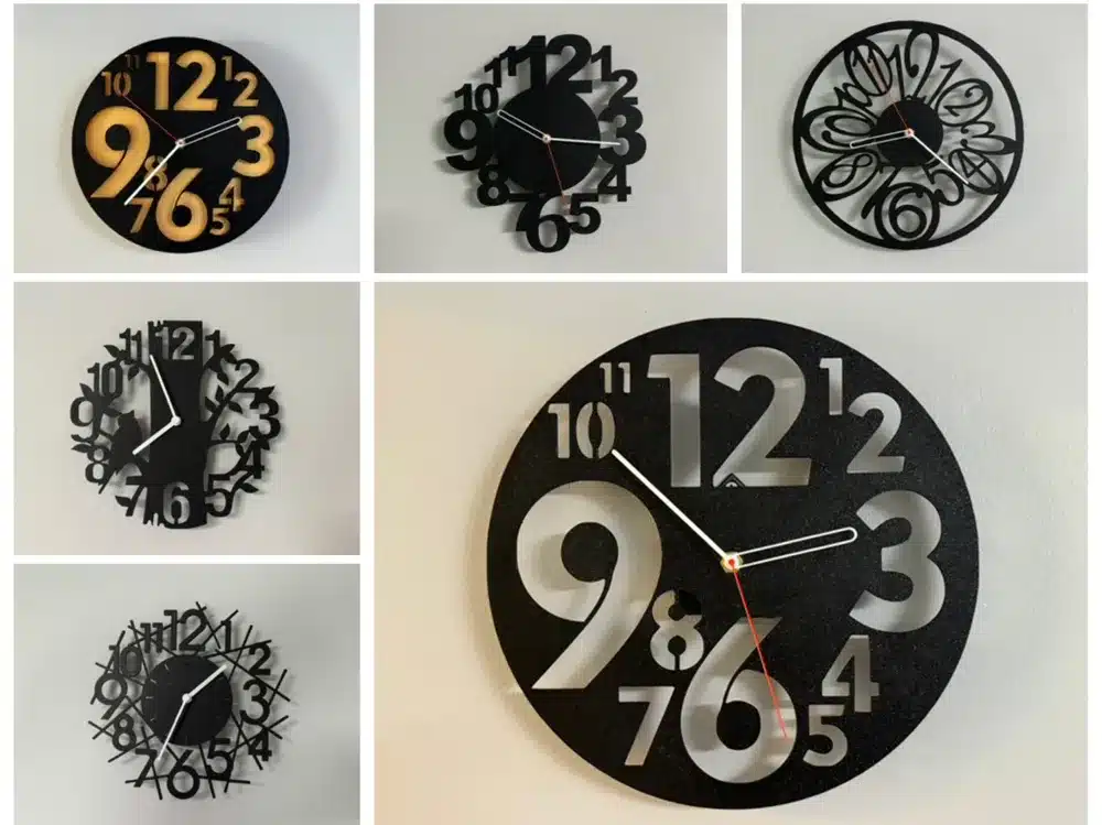 Variety of stylish wall clocks with unique number designs, perfect for modern home decor.