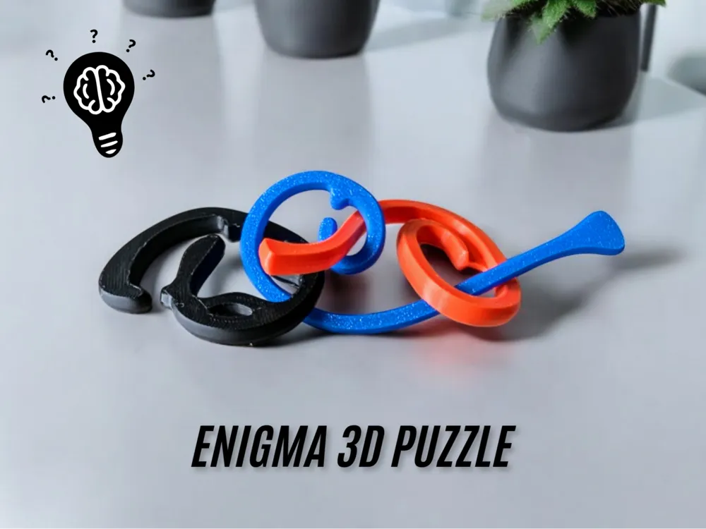 Colorful Enigma 3D puzzle pieces on a table, challenging brain puzzle game.