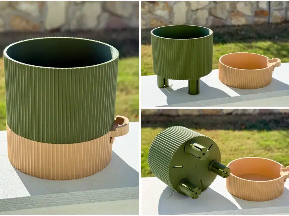 Green and beige ribbed self-watering planter, assembled and disassembled, on a sunny outdoor surface.