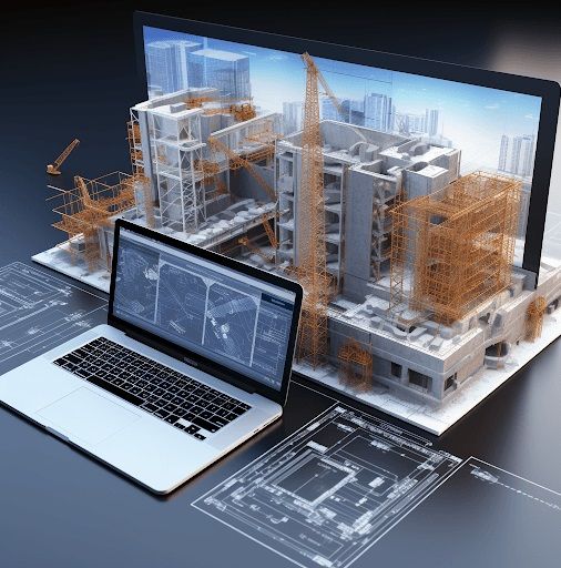 2024 Outlook_ Construction Management Softwares Role in Reducing Labour Shortages Laptop displaying architectural 3D building models and blueprints, symbolizing digital design in construction. | Sky Rye Design Laptop displaying architectural 3D building models and blueprints, symbolizing digital design in construction.
