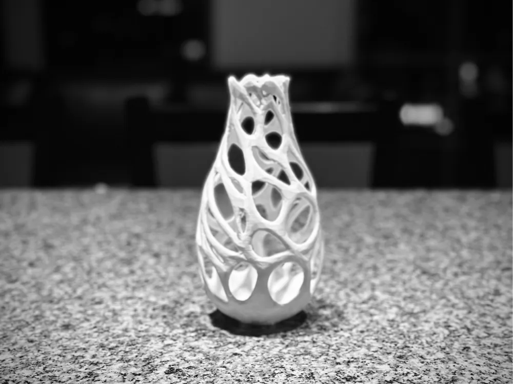 Modern white abstract vase with intricate cutouts on a granite surface, in black and white.
