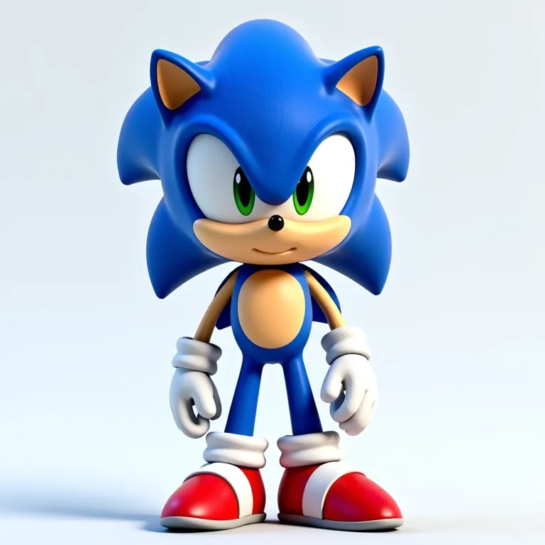 Blue cartoon hedgehog character with red shoes and white gloves standing confidently against a light background.