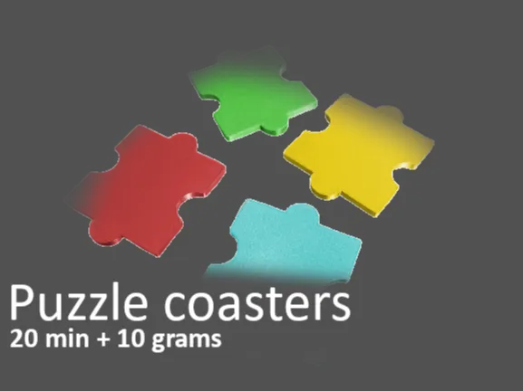 Colorful puzzle piece coasters with text: Puzzle coasters, 20 min + 10 grams.