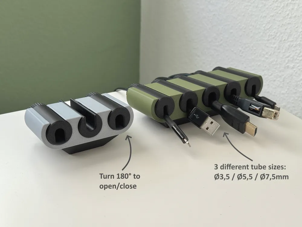 Cable organizer with adjustable slots and three tube sizes: Ø3.5, Ø5.5, Ø7.5mm, shown with various cables inserted.
