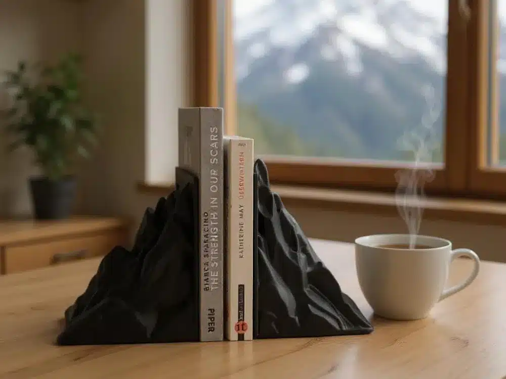 Books supported by mountain-shaped bookends and a steaming mug on a wooden table with a window view.