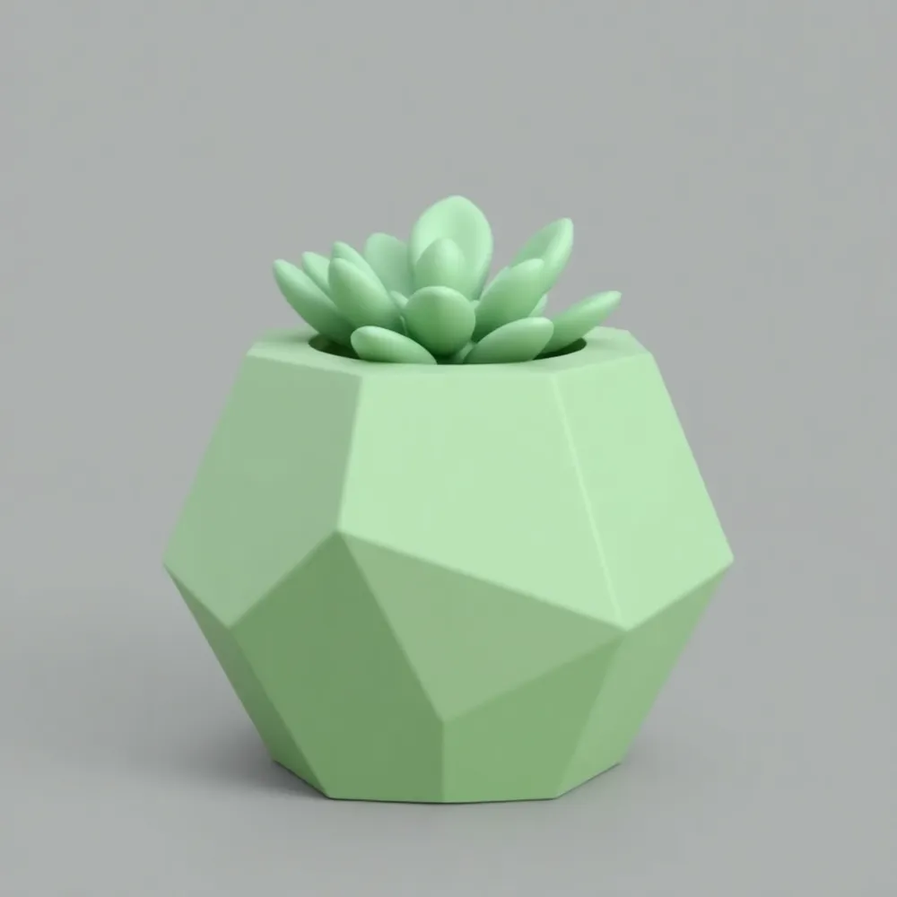 Geometric green pot with a small succulent plant on gray background. Modern decorative planter design.
