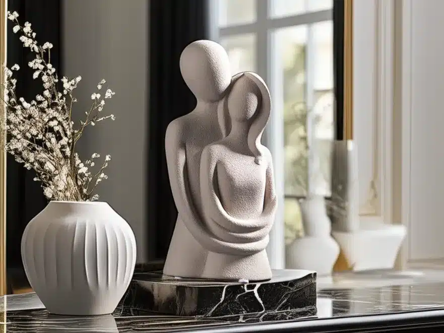 Minimalist sculpture of two embracing figures beside a white vase indoors on a marble surface.