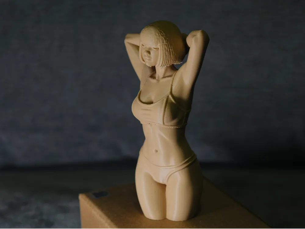 Wooden female bust sculpture in underwear with raised arms against a dark background.