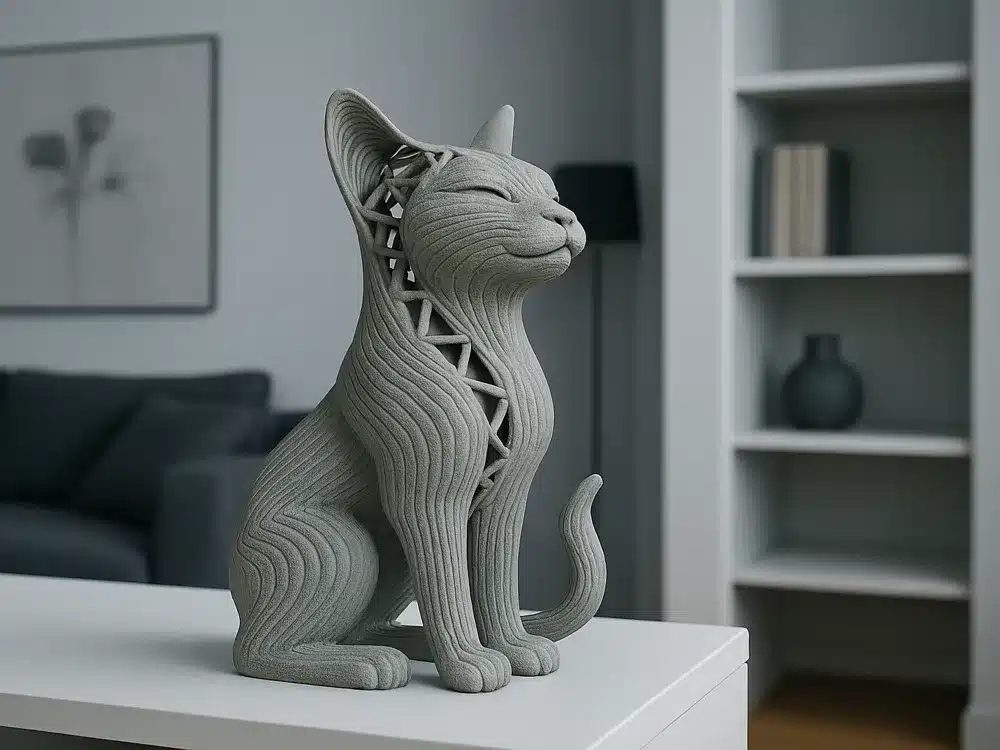 3D printed cat sculpture with intricate design on modern living room table.