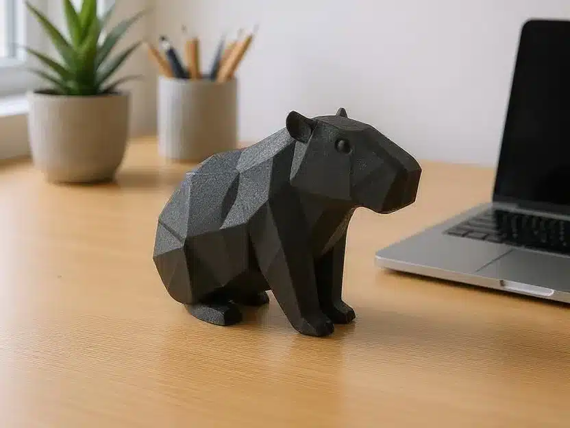 Geometric capybara sculpture on a desk beside a laptop and potted plant.