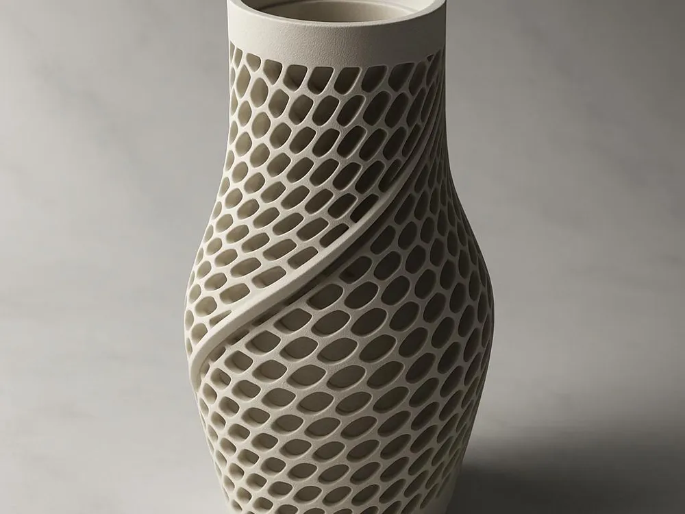 Innovative 3D-printed vase with intricate mesh design on a smooth gray background.