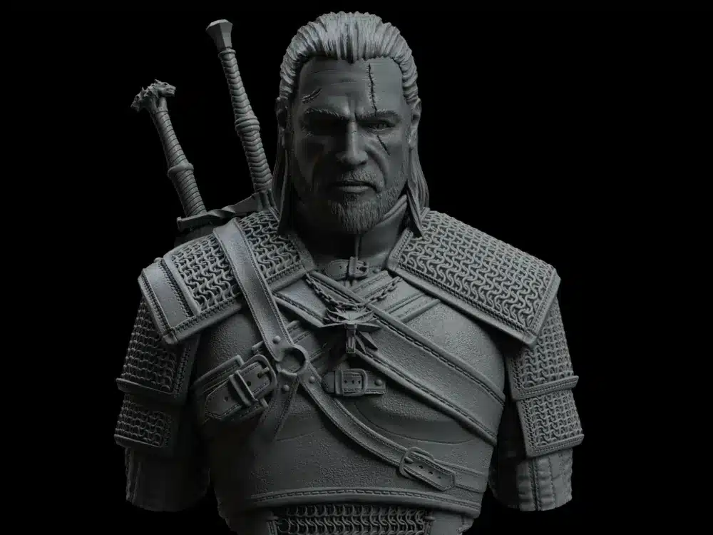 Detailed bust of a warrior with armor and swords, showing intense expression and intricate clothing design.