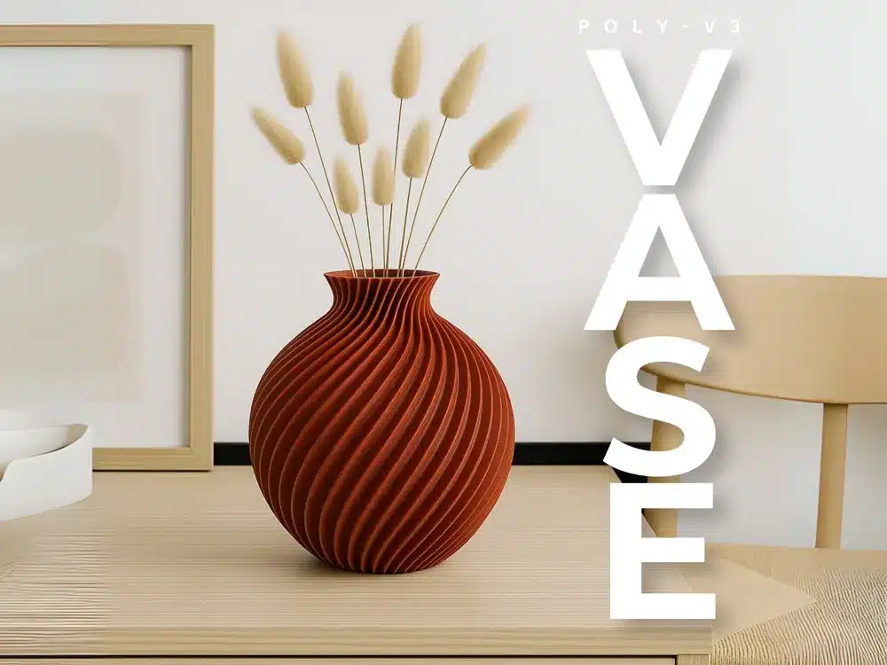 Modern red ribbed vase with pampas grass on a wooden table, minimalistic decor style.