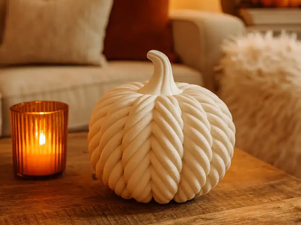White textured pumpkin and lit candle on a wooden table, cozy autumn home decor setting.