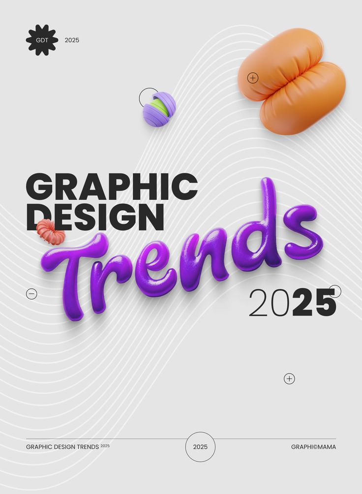 Graphic design trends for 2025, featuring vibrant 3D text and colorful abstract shapes on a patterned background.