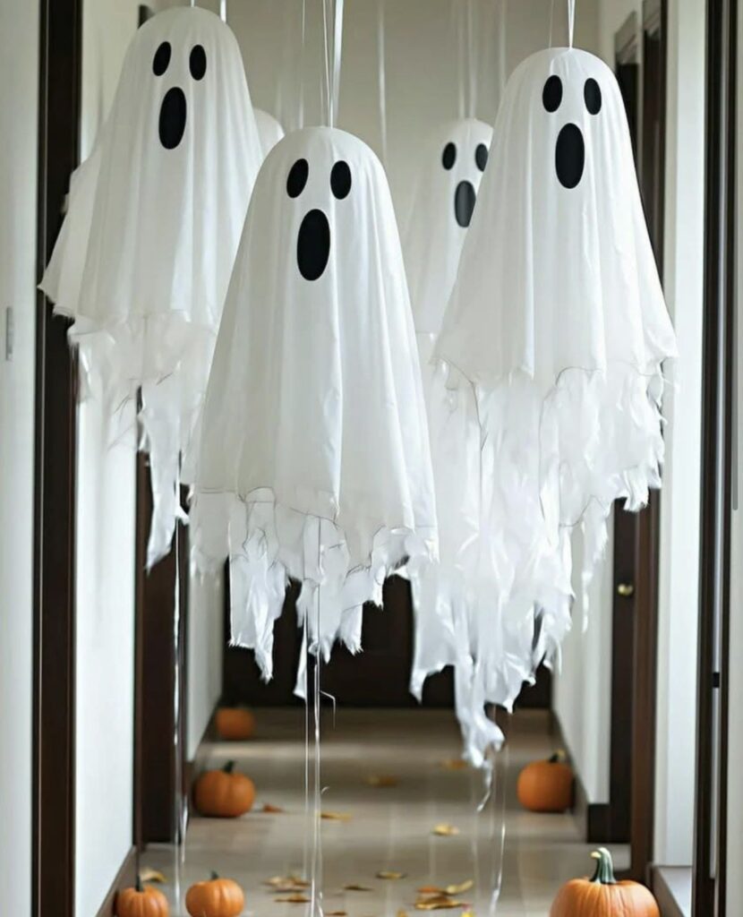 Screenshot Hanging ghost decorations and pumpkins in a hallway for Halloween. Spooky ambience with autumn leaves scattered around. | Sky Rye Design Hanging ghost decorations and pumpkins in a hallway for Halloween. Spooky ambience with autumn leaves scattered around.