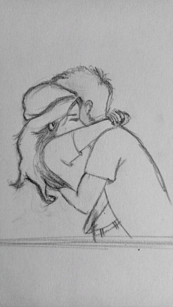 Pencil sketch of a couple embracing, illustrating a tender moment of love and affection.