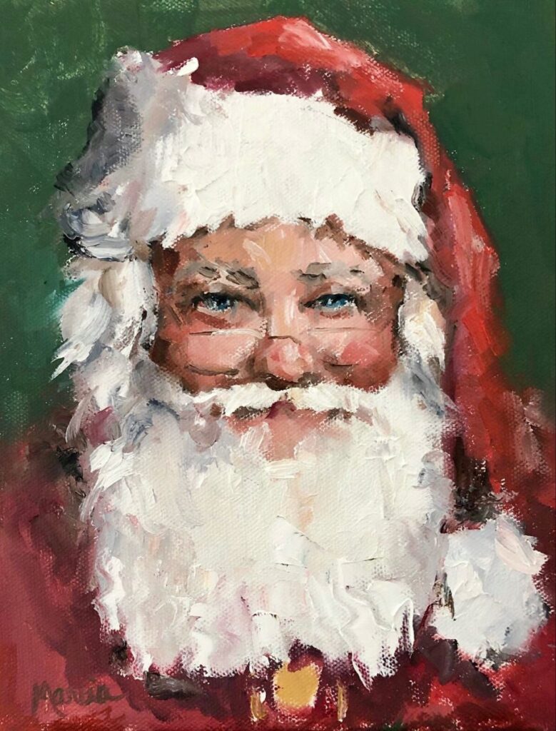 Painting of joyful Santa Claus with a red hat and white beard, smiling against a festive green background.