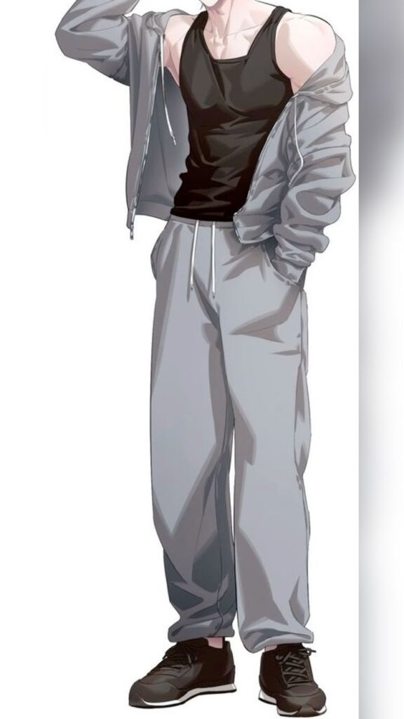 Anime character in casual gray joggers, black tank top, and sneakers, exuding a relaxed, stylish vibe.