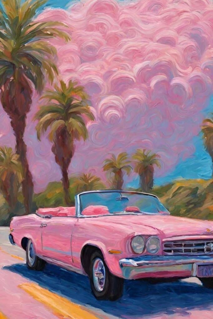 Pink convertible under palm trees with vibrant pink swirling sky, oil painting style. Retro summer vibes.