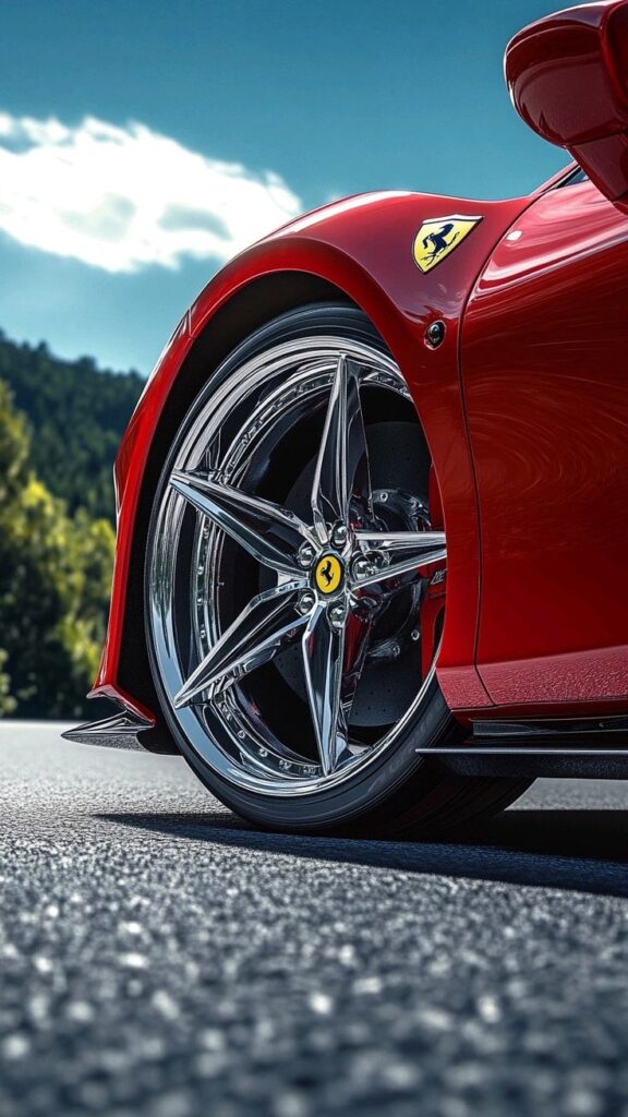Close-up of a shiny chrome wheel and red car body with a logo on a sunny road.