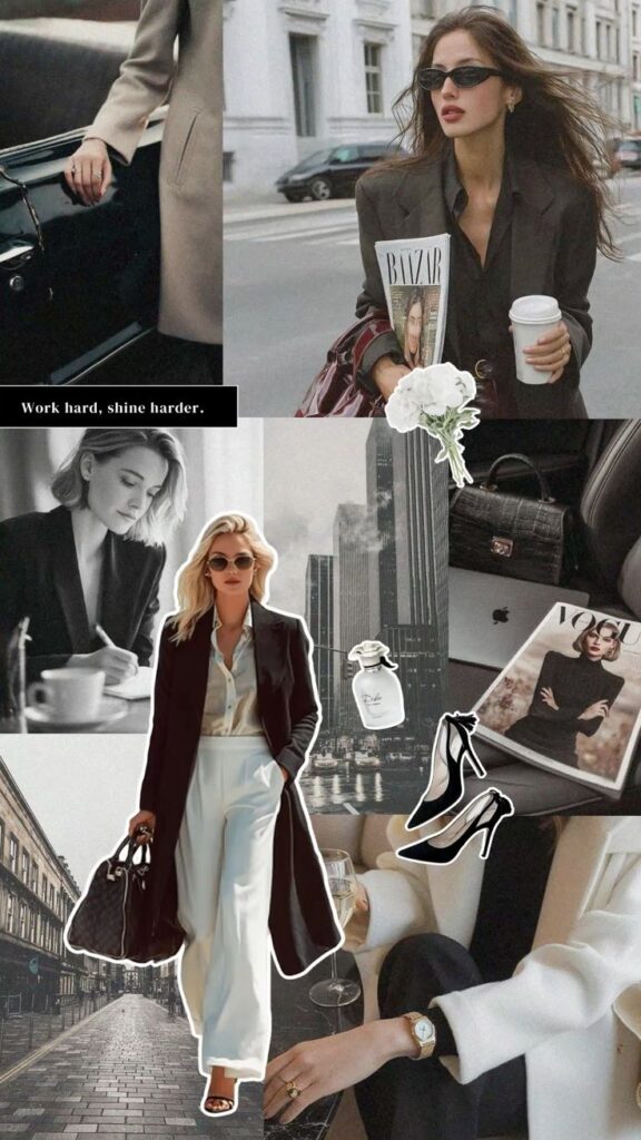 Fashionable women in chic outfits, carrying magazines and coffee on a city street. Trendy urban collage.