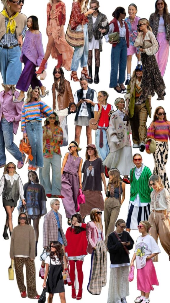 Diverse group of stylish individuals showcasing trendy street fashion with bold colors and unique patterns.