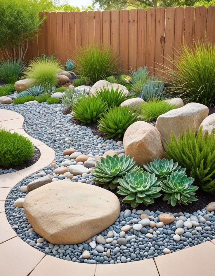 Desert landscape garden with succulents, rocks, and a wooden fence, creating a serene, low-maintenance outdoor space.