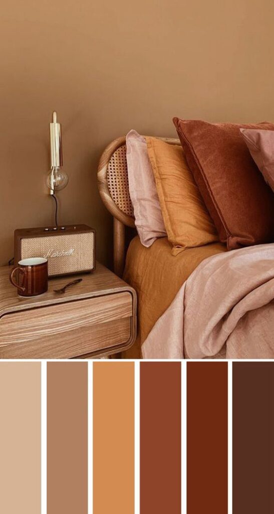 Cozy bedroom with earthy tones, pillows, wooden nightstand, vintage radio, cup, and color palette swatches.