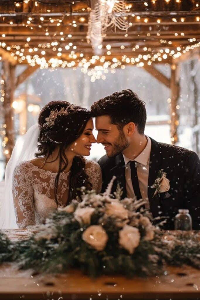 Bride and groom smiling under fairy lights at a snowy winter wedding.