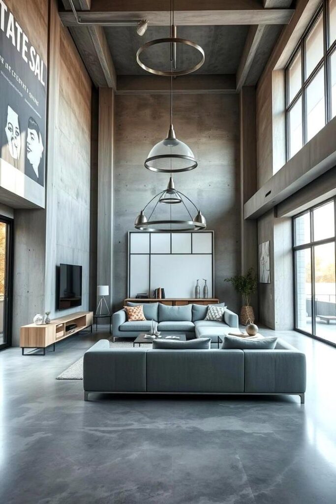 Modern loft living room with gray sofa, large windows, and minimalist decor.