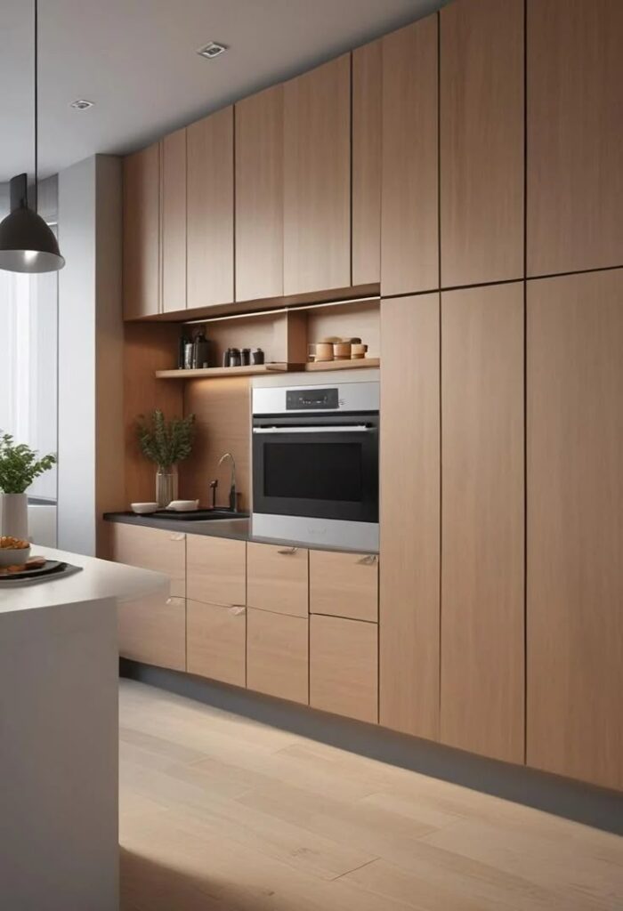 21 Inspiring Kitchen Cabinet Ideas_ From Modern To Classic Designs - Lovely Harbor Modern kitchen with wooden cabinets, built-in oven, island, and sink, featuring natural lighting and minimalist design. | Sky Rye Design Modern kitchen with wooden cabinets, built-in oven, island, and sink, featuring natural lighting and minimalist design.