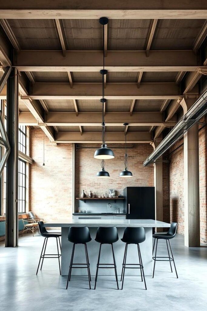 Modern industrial kitchen with high ceilings, brick walls, black stools, and pendant lighting over island countertop.