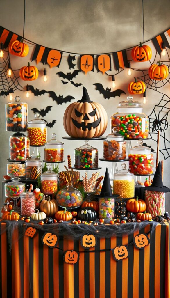 21 Spook-tacular Halloween Decoration Ideas to Elevate Your Haunt 🎃👻 Halloween candy display with pumpkins, witch hats, bats, and festive decorations on a striped table. | Sky Rye Design Halloween candy display with pumpkins, witch hats, bats, and festive decorations on a striped table.