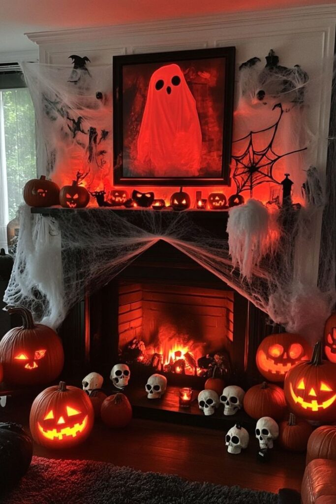 Spooky Halloween fireplace decor with pumpkins, spider webs, and skulls. Glowing ambiance with a ghost painting.