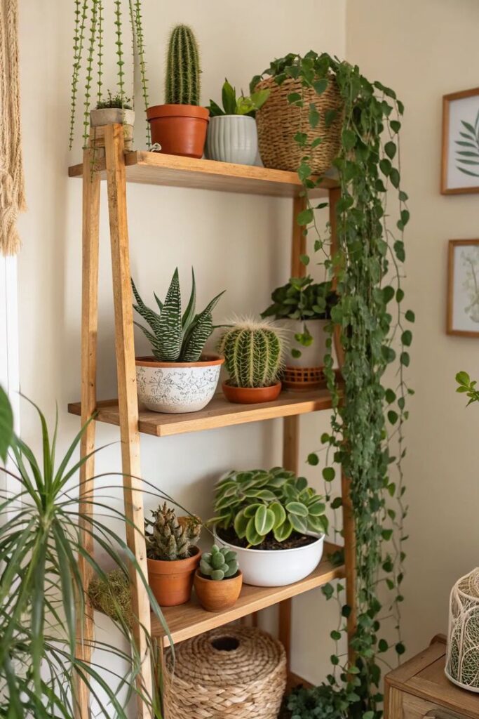 Indoor wooden shelf with various potted plants, including succulents, cacti, and vines, adding greenery to the room.